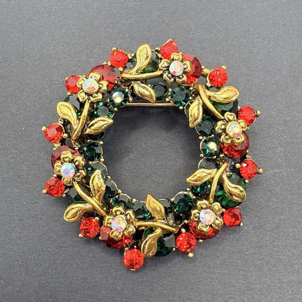 Vintage Signed MZ Wreath Holiday Brooch Red Green Rhinestones Aurora Borealis